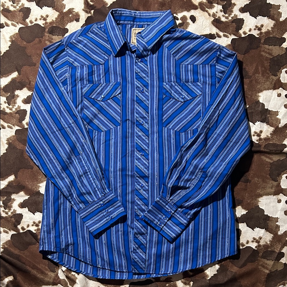 Wrangler Blue and Silver Striped Long Sleeve Pearl Snap Dress Shirt L